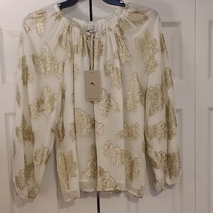 Tommy Bahama White Blouse with Gold Leaf Metallic Print